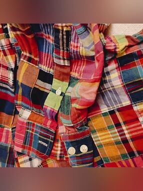 Brooks Brothers Classic 347 Madras Patchwork Cropped Large Long Sleeve Cotton